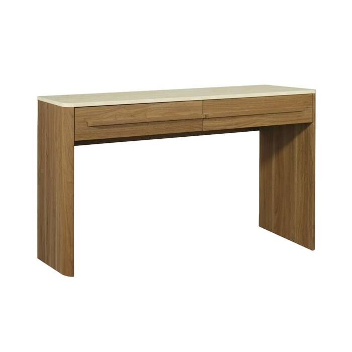 sweeek - Console décor bois et effet travertin 2 tiroirs 120cm ARETHA sweeek - Console décor bois et effet travertin 2 tiroirs 120cm ARETHA