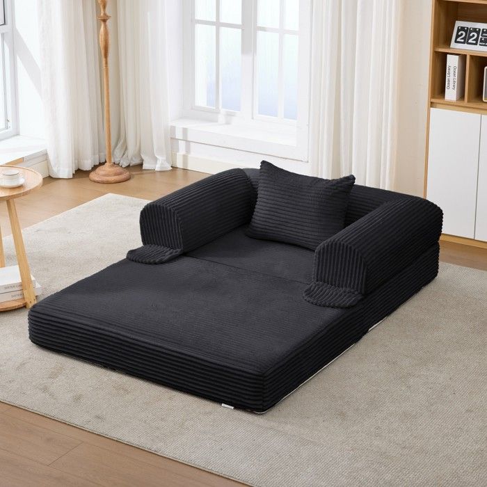 Canapé-lit convertible 1 place en corduroy noir avec coussin chauffeuse gain de place 120 x 85 x 65 cm