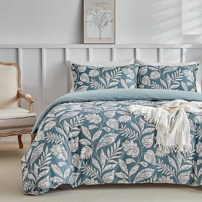 Parure de Lit Double Bleu 200x200 cm Housse de Couette Motif Feuilles avec 2 Taies dOreiller Linge de Lit Doux PARURE DE COUETTE