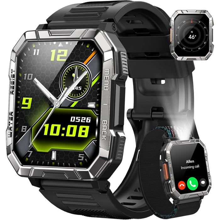 Montre Connectée Homme Lampe LED SOS Boussole Batterie 960mAh 100 Jours Appels Bluetooth 120+ Sports IP68 Antichoc iOS Android