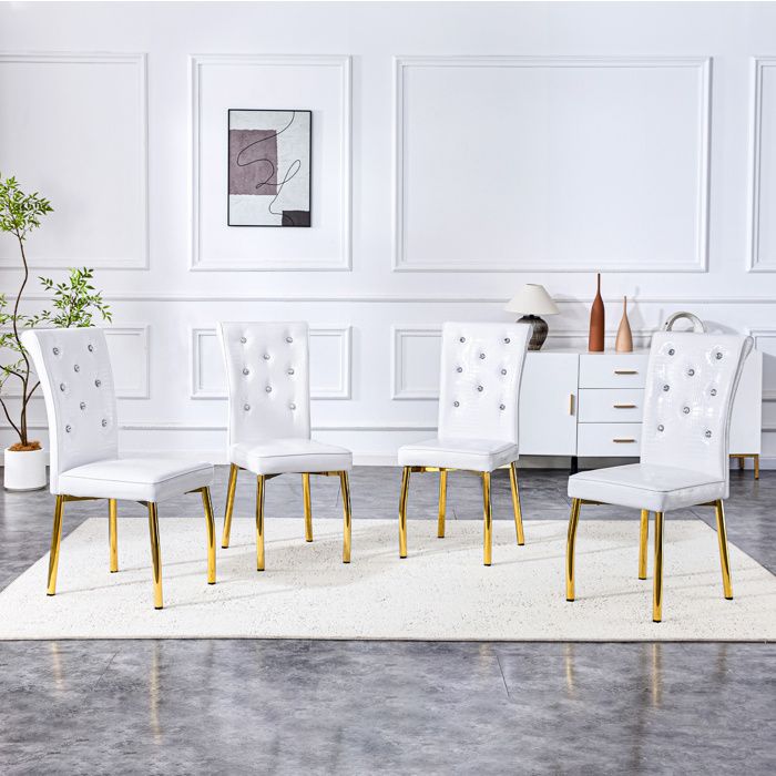 Chaises de salle à manger lot de 4 dossier capitonné boutons cristal - BEAUNIV - simili cuir motif crocodile blanc métal doré