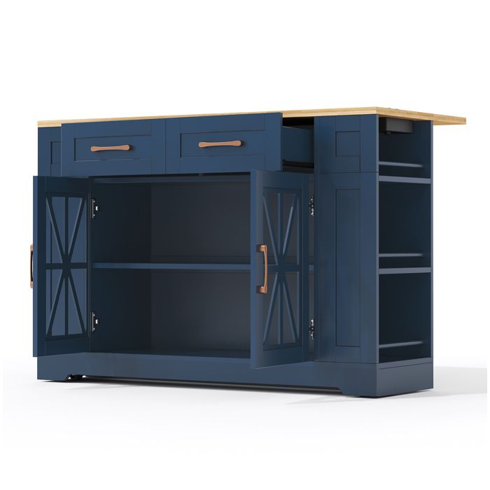 Îlot central de cuisine – chariot mobile – table rabattable – 2 prises AC + 2 ports USB – bleu