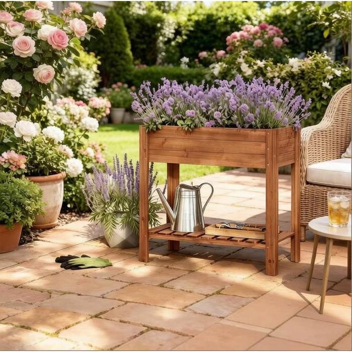 Bac potager surélevé en bois marron avec étagère de rangement pour balcon terrasse et jardin