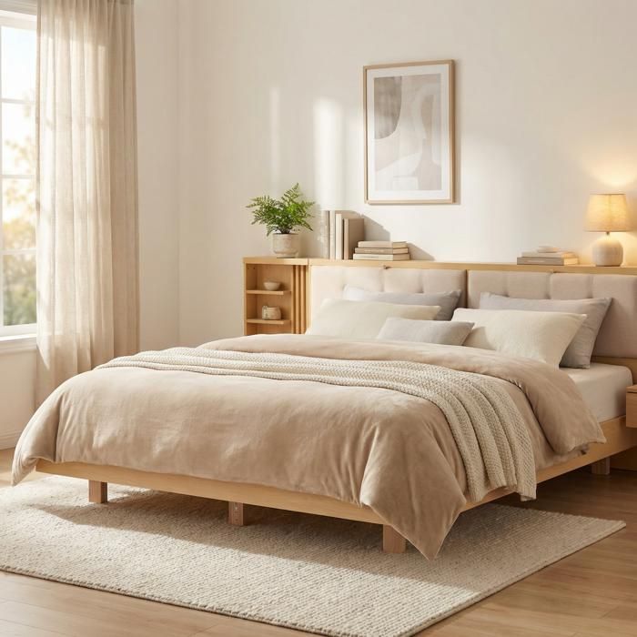 Lit flottant naturel 180 x 200 cm avec tête de lit rangements port USB prise EU tiroirs et étagères