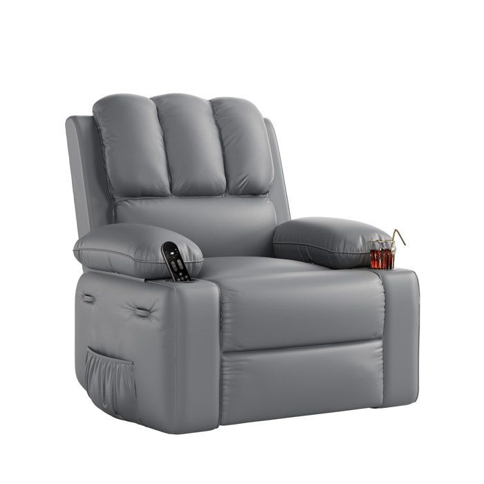 Fauteuil relax 27 - Inclinaison 150° - Rotation 360° - Cuir PU - Gris - Porte-gobelet - Accoudoirs escamotables