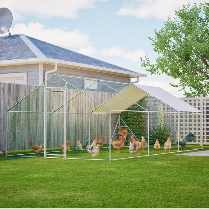 Poulailler enclos métallique 3 x 6 m – Gris – toit PVC anti-UV structure renforcée porte avec verrou