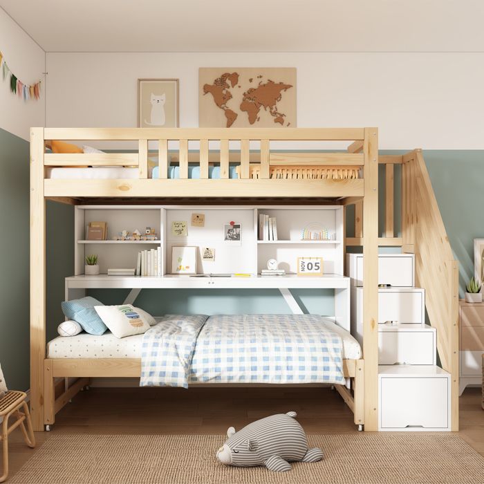Lit superposé pour enfants 90x200+90x190cm avec bureau mobile armoire de rangement sous lescalier étagère blanc + couleur chêne