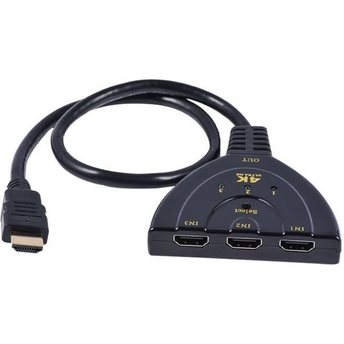 Multiprise HDMI, Aluminum Switch HDMI 3 Entrée vers 1 avec Télécommande  Splitter HDMI 4K Commutateur HDMI