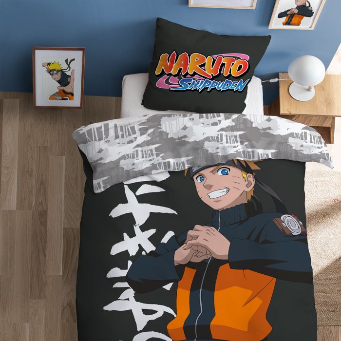 Parure de lit enfant 100% Coton - NARUTO UZUMAKI - Gris foncé - 140x200+63x63cm