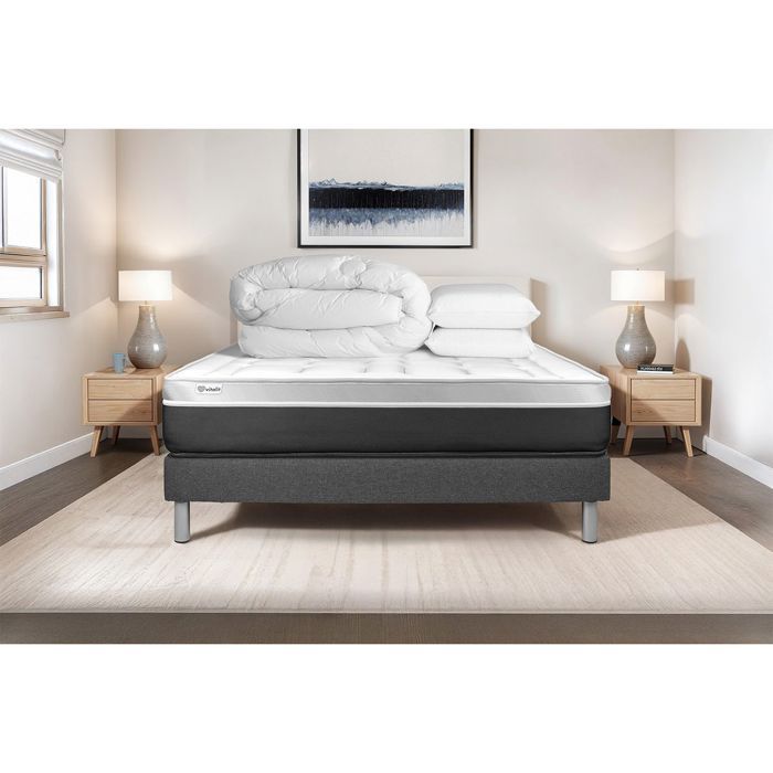 Pack lit complet 200x200 cm - Matelas + Sommier Gris (en kit) + 2 oreillers + Couette - Vital Soft Gris