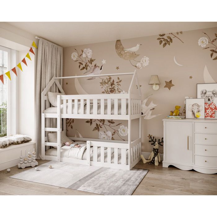 Lit superposé enfant Cabane Mini 80 x 160 cm - Bois massif - Barrière de sécurité incluse - Blanc Lit superposé enfant Cabane Mini 80 x 160 cm - Bois massif - Barrière de sécurité incluse - Blanc