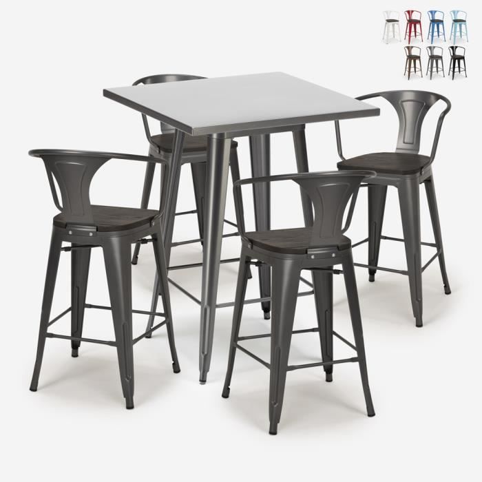 ensemble table haute industrielle 60x60cm 4 tabourets bois métal tolix bucket wood - couleur:gris foncé