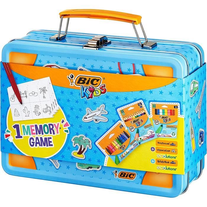BIC Kids Valise de voyage Memory : Crayons de couleur, Craies, Stylos feutres, 32 pièces Jeu Memory