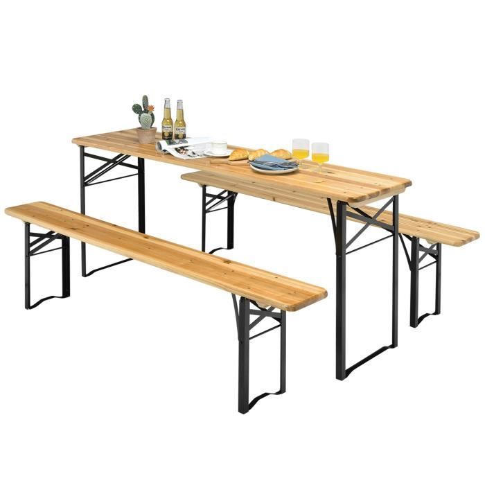 COSTWAY Ensemble Table et 2 Bancs Pliante de Camping 4 Personnes Structure en Acier Table Bois de Sapin Imperméable Charge 300KG