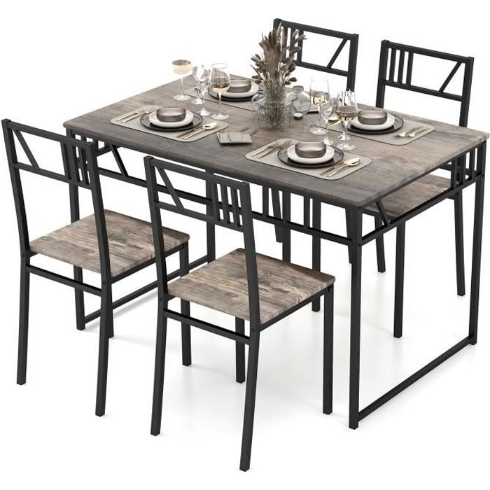 COSTWAY Ensemble de Table à Manger 5 pièces avec 4 Chaises, Plateau en Imitation Bois, Cadre en Métal, pour La Cuisine, Gris