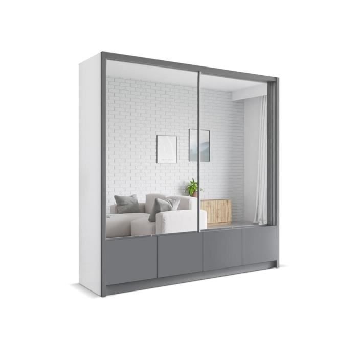 Armoire avec tiroirs Silu 204 blanc + gris + miroir - armoire avec miroir et porte coulissante, grand espace de rangement