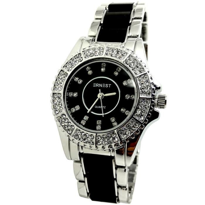 MONTRE FEMME STRASS BIJOUX BRACELET ACIER BIJOUX NOIR ARGENTE QUARTZ ICE  MODE - Cdiscount Bijouterie