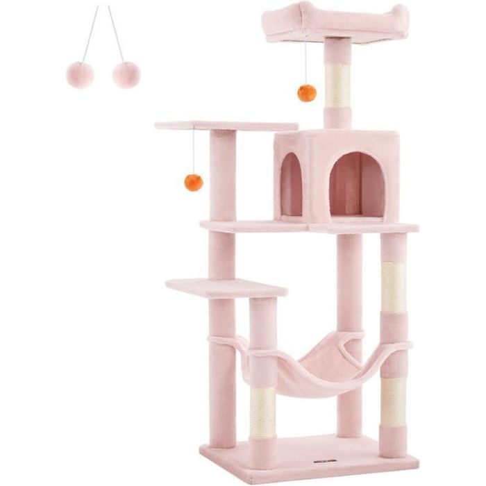 Comparer les prix de Arbre à Chat Hauteur 143 cm, avec 4 Poteaux à Griffer, 2 Plateformes, 1 Niche, 1 Hamac, 2 Pompons, Rose Bonbon