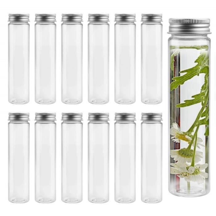 12 PCS Tubes à Essai en Plastique Transparents avec Bouchon à Vis Réutilisable pour Fleurs, Bonbons, Épices, Lotions, 110 ml