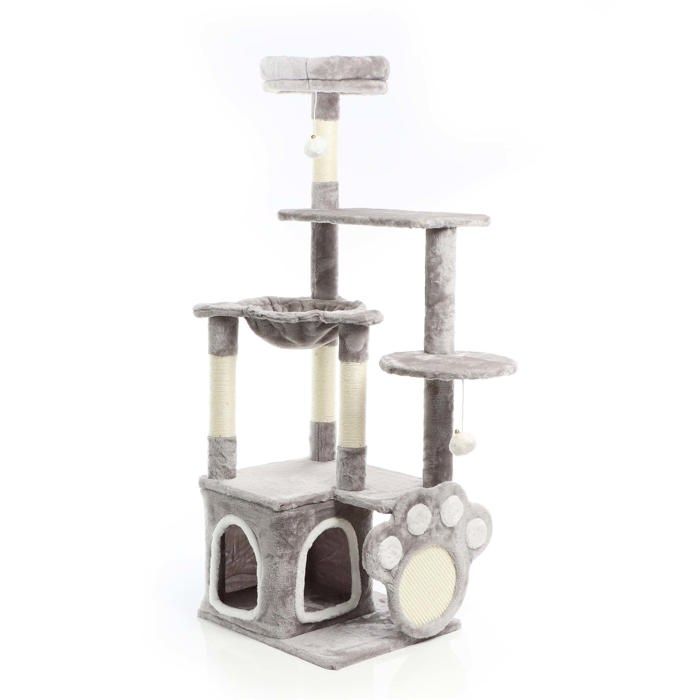 Comparer les prix de Fudajo Arbre à chat Motif Pattes Gris 135cm Griffoir Sisal Niche Hamac Jeux Ludique Balle
