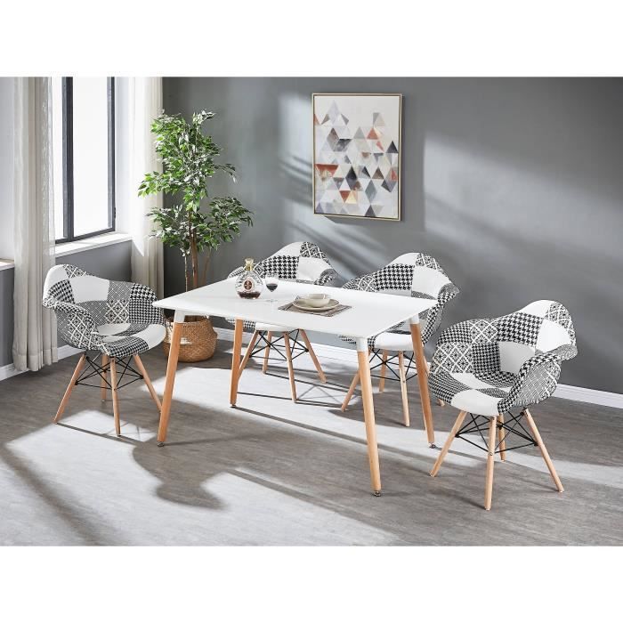 Table à Manger Blanche + 4 Chaises à Accoudoirs en Tissu Patchwork - Noir & Blanc - Style Scandinave