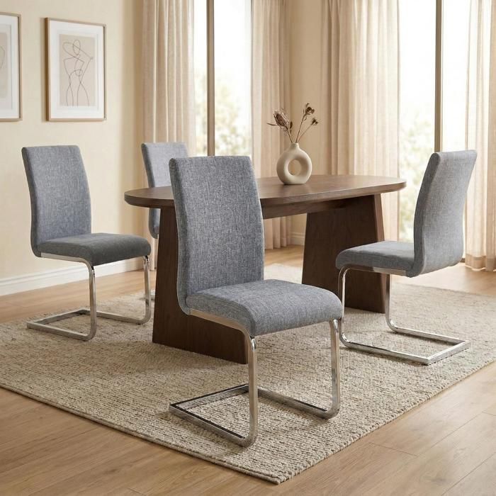Lot de 4 chaises de salle à manger LETICIA piètement en métal chromé et revêtement en tissu gris Lot de 4 chaises de salle à manger LETICIA piètement en métal chromé et revêtement en tissu gris