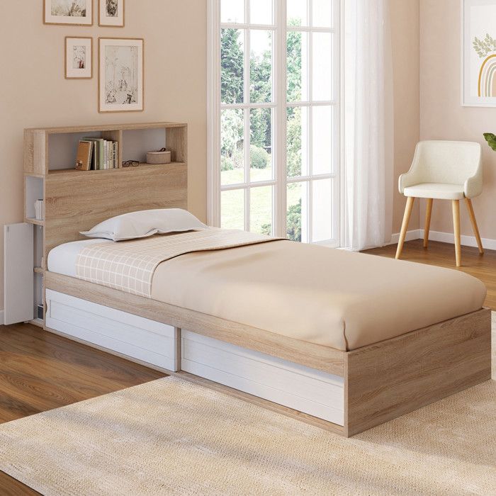 IDMARKET Lit simple CLEM avec rangement tête de lit et sommier 90 x 190 cm hêtre et blanc IDMARKET Lit simple CLEM avec rangement tête de lit et sommier 90 x 190 cm hêtre et blanc
