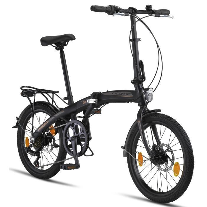 Licorne Bike Phoenix 2D, vélo pliant en aluminium 20 pouces [Noir-Or, Disc-Bremse]