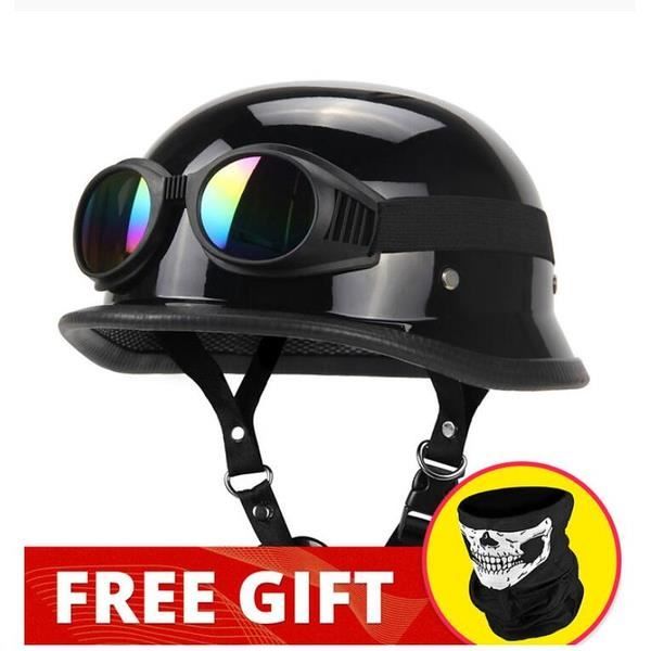Casque Moto Demi-Jet Vintage En Cuir - Avec Lunettes UV Intégrées - Taille Réglable 54-60cm (Noir)
