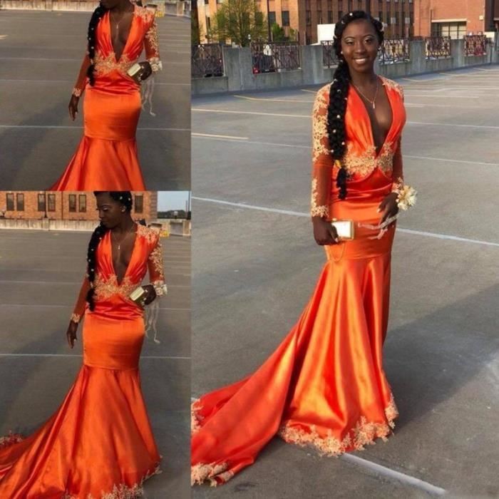 orange col en v profond robes de bal dentelle appliques manches longues sirène robes de soirée balayage train sud-africain robe