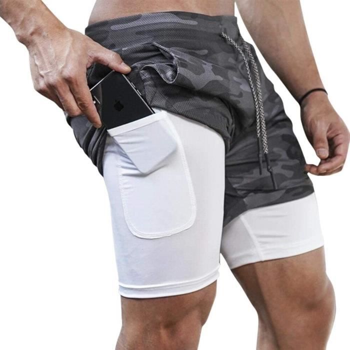 LBL Short Homme Sport Compression 2 En 1 Short D'Entraînement Short De Course Double Couche Séchage Rapide Avec Poche Décontractée Léger Fitness GrisCamouflage M