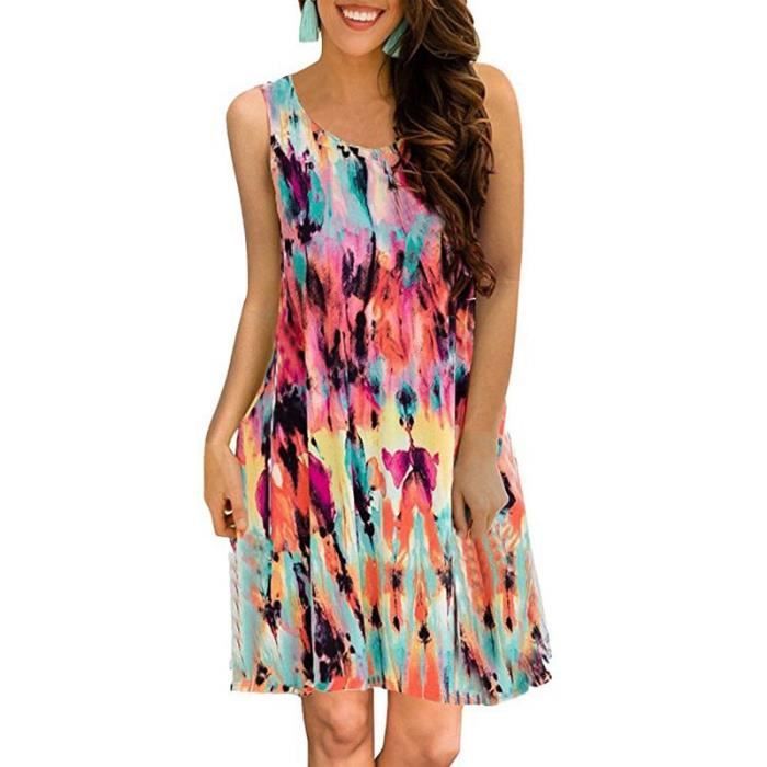 Robe Femme Imprim?� Sans Manche Casual Mi-longue Col rond avec Poches Multicolore - Cdiscount 