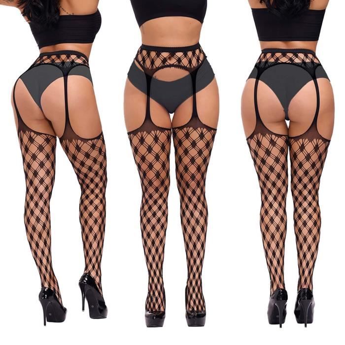 Collants Résille à Motifs Pour Femme Avec Porte-jarretelles - Taille Haute - Noir - Taille Unique Extensible - 7