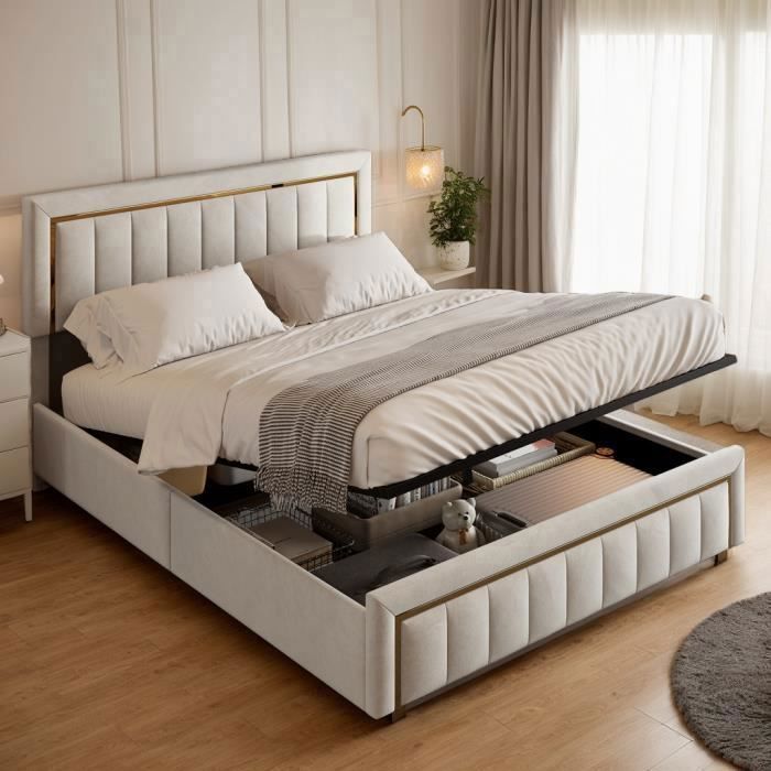 lit coffre 140 x 200,lit double 140 x 200 avec sommier,lit adulte rembourré avec levier hydraulique,velours,beige