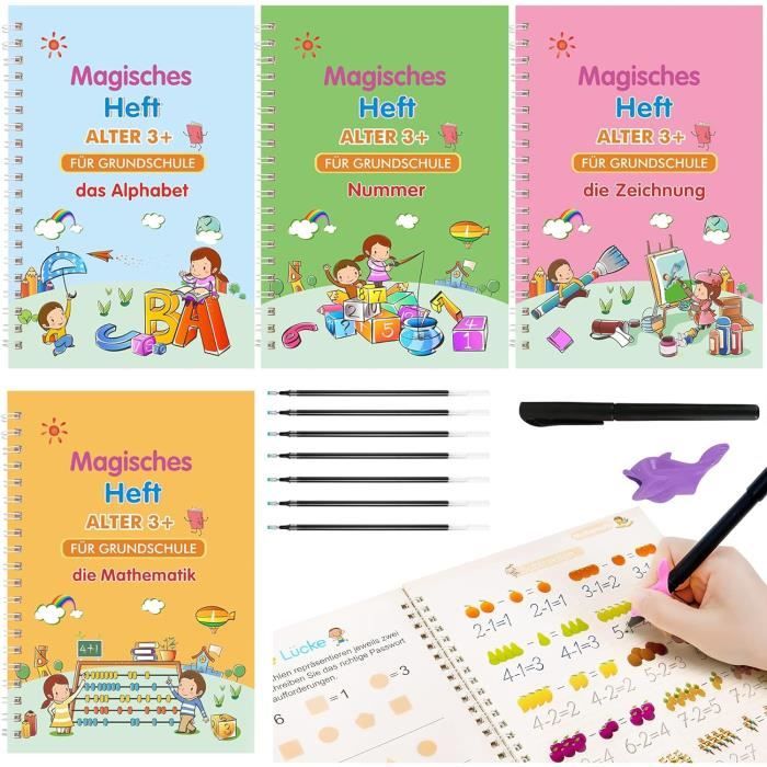 Cahier Magique Réutilisable HhBdy - 4 Livrets (lettres, Chiffres, Maths, Dessin) + Stylo, Effacement Automatique