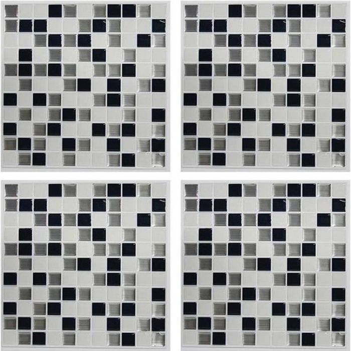 Faience adhésive motifs mosaique Noir & Blanc autocollants stickers - 4 feuilles 26 x 26 cm de 16 carreaux