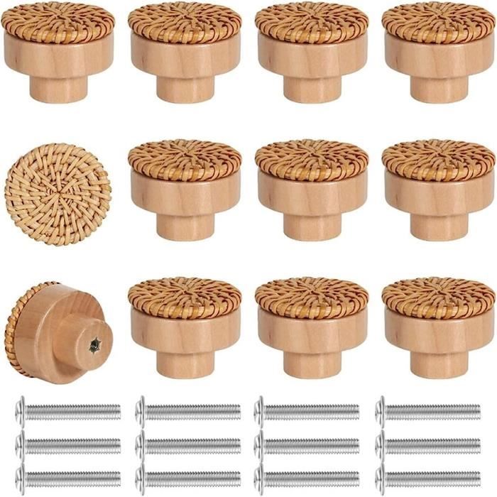 8 Poignées De Tiroir En Rotin Bohème - Diamètre 40 Mm, Hauteur 30 Mm - Boutons En Bois Et Rotin Tissé à La Main - Déco Rustique Pour Commode, Armoire - 2