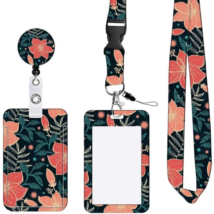 Porte-Carte D'Identité Fleuri Avec Lanière Rétractable - Clip Détachable Pour Badge, Accès