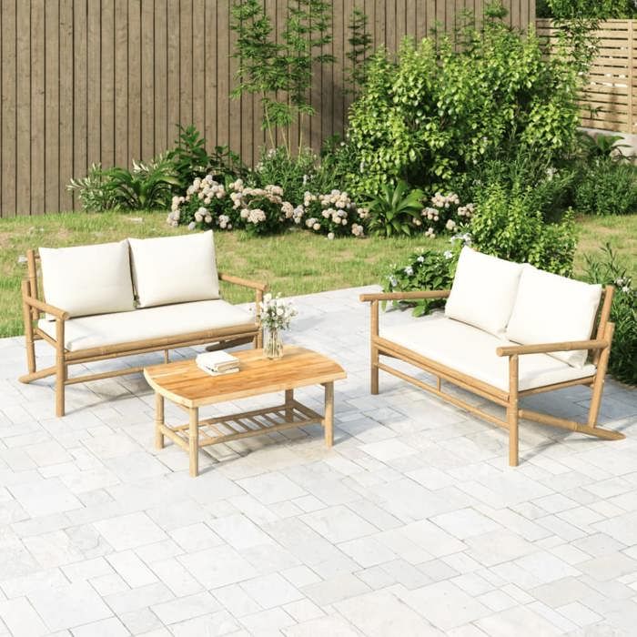 vidaXL Salon de jardin 2 pcs avec coussins crème bambou ensemble de salon de jardin salons de patio siège de 363461