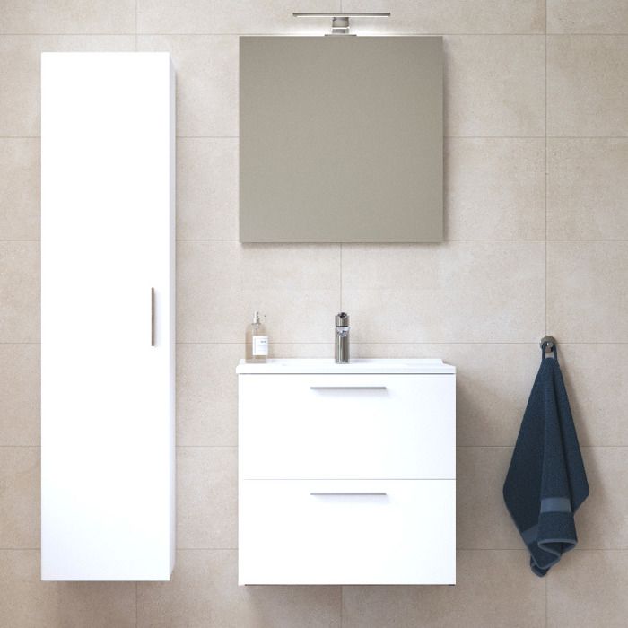 Vitra - Set Mia ensemble meuble 59x61x39 5cm avec miroir lavabo éclairage LED + armoire 145x35x35cm Blanc brillant Vitra - Set Mia ensemble meuble 59x61x39 5cm avec miroir lavabo éclairage LED + armoire 145x35x35cm Blanc brillant
