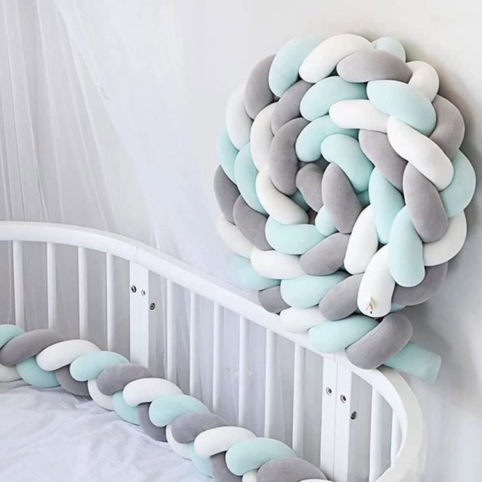 3M Tour de lit coussin Serpent Coussin Tressé pare-chocs Velours Tour de Canapé Souple 100% Fait à Main (Gris+Blanc+Vert)