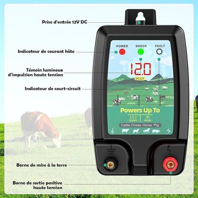 Clôture Électrique 10KM 2J - Électrificateur Puissant Étanche Avec Écran LCD - Pour Animaux Ferme Et Jardin