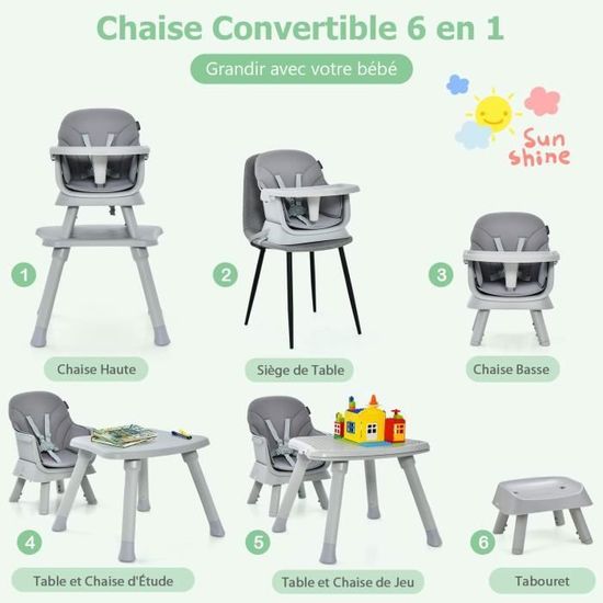 Chaise Haute Bébé 3-en-1 Convertible DREAMADE – Siège Repas Pliable 6-36 Mois, 7 Hauteurs Réglables, 25 Kg, Gris