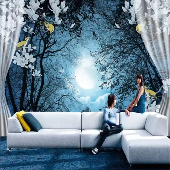 Papier Peint Panoramique 3D oiseaux nature Paysage de nuit paisible ...