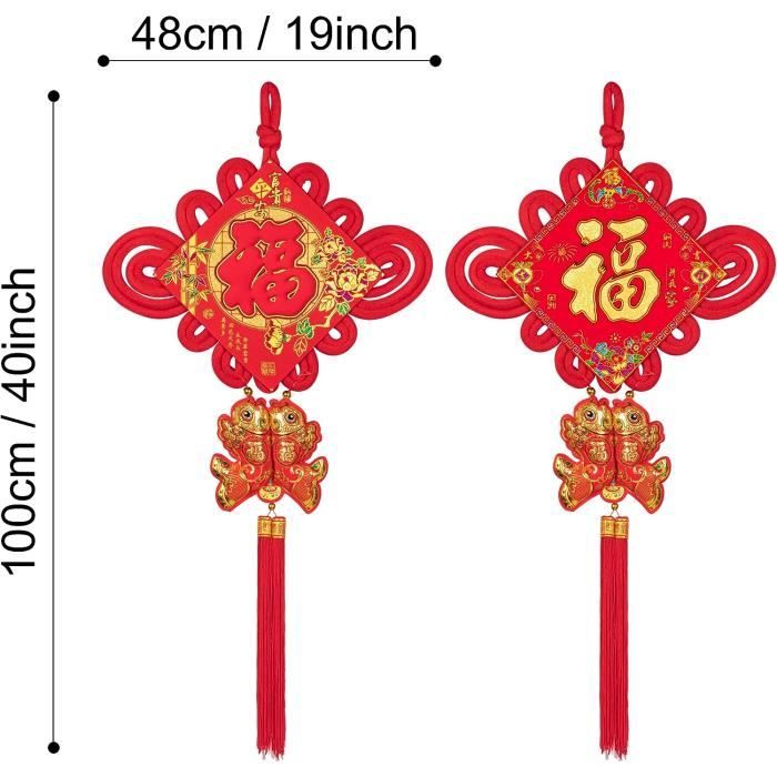 Lot de 30 décorations de Nouvel An chinois rouge avec cordon de nouage  chinois - Décorations chinoises - Personnage chinois Fu 3D - Double poisson  