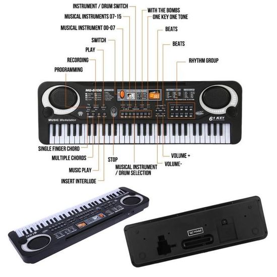 Piano électronique 61 Touches Rechargeable – Clavier Enfant Avec 16 Sons, 10 Rythmes – Jouet éducatif Musical – Noir Et Blanc