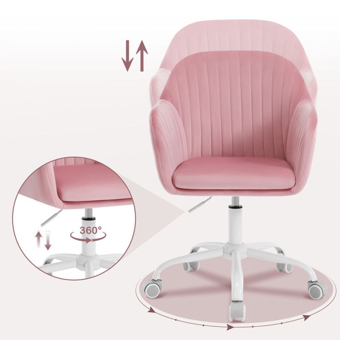 Chaise De Coiffeuse Pivotante Rose Avec Nœud Arrière, Hauteur Réglable 55-65 Cm, Roulettes, Pour Fille Et Femme