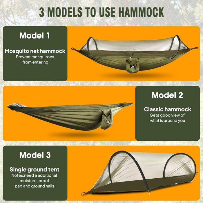 Hamac Portable Ovente En Nylon Qualité Parachute – Vert, Capacité 485 Lb, Avec Mousqueton, Corde Et Sac