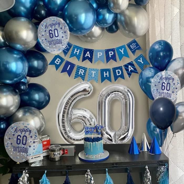 Décoration Anniversaire 60 Ans Homme | Ballons Bleu/Argent, Bannières | Kit Complet Pour Fête