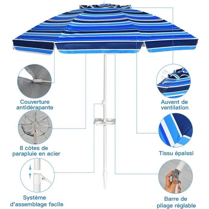 AKTIVE Beach 62221 Grand Parasol Plage 200cm Résistant Au Vent - Protection UV50 Multicolore Avec Sac Transport